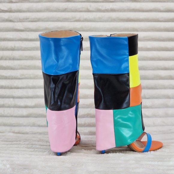 Paris Color Block Stiletto Fold Over Skirted Shootie Boot Sandals - Picture 8 of 15